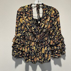 Womens Floral Top V Neck Flutter Tiered Sleeve Hippie Festival Fall Smocked